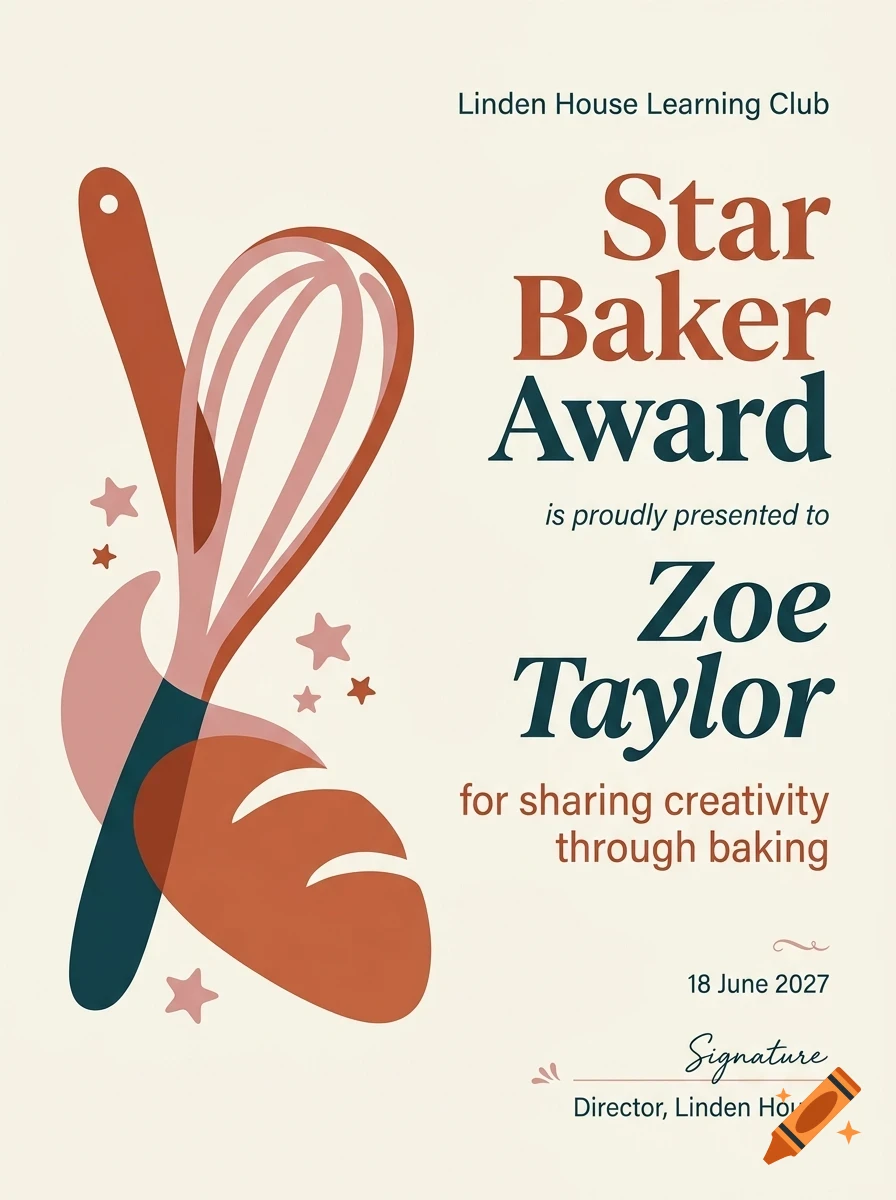 An award certificate featuring the text Star Baker Award presented to Zoe Taylor, accompanied by illustrations of a whisk, spoon, and loaf of bread.