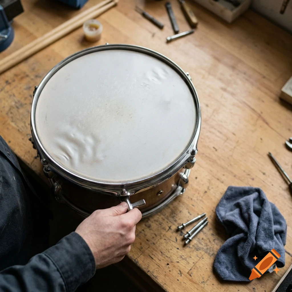 A person adjusting the tension rod on a snare drum placed on a wooden workbench surrounded by tools.