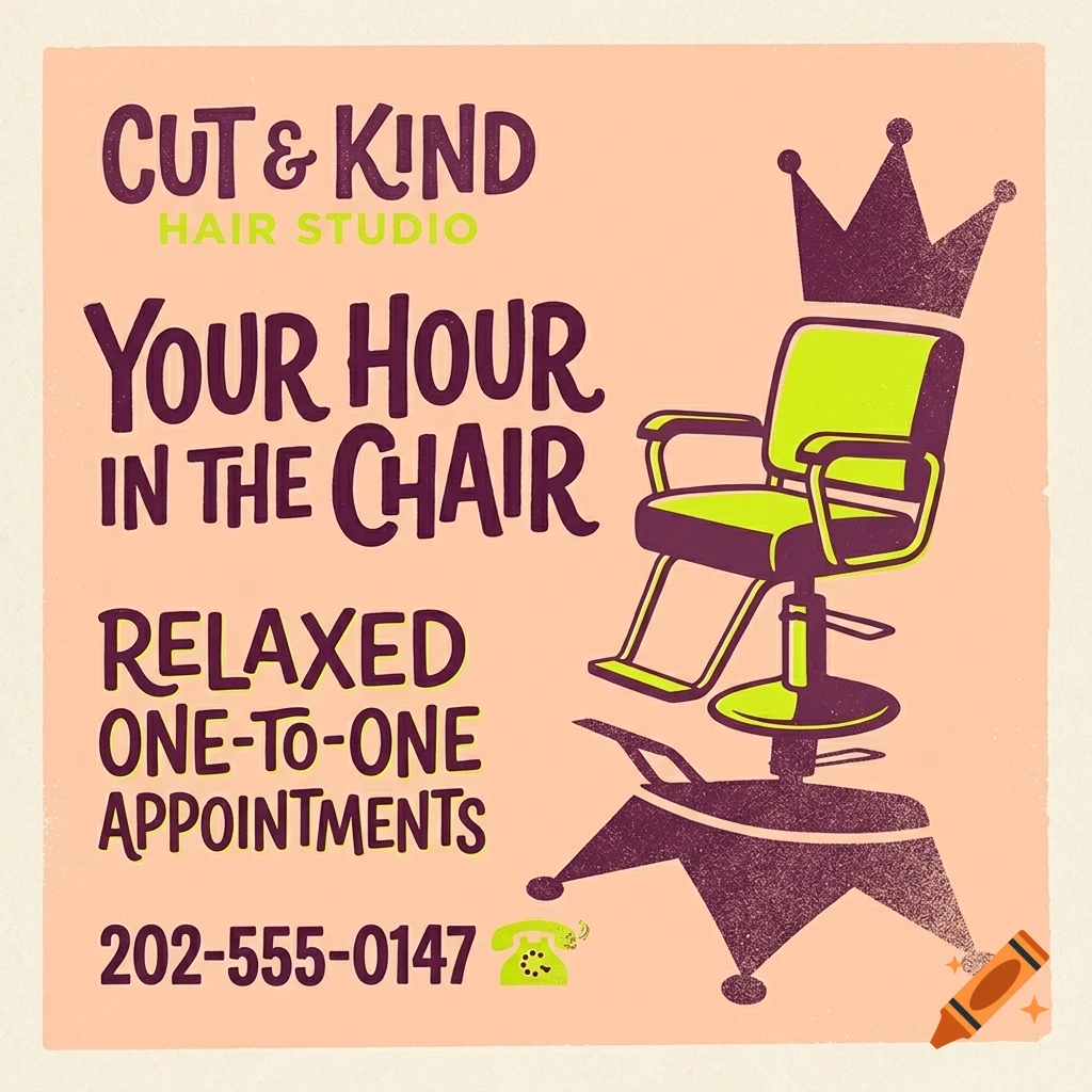 An illustrated poster for Cut & Kind Hair Studio, featuring a salon chair with a crown and promotional text.
