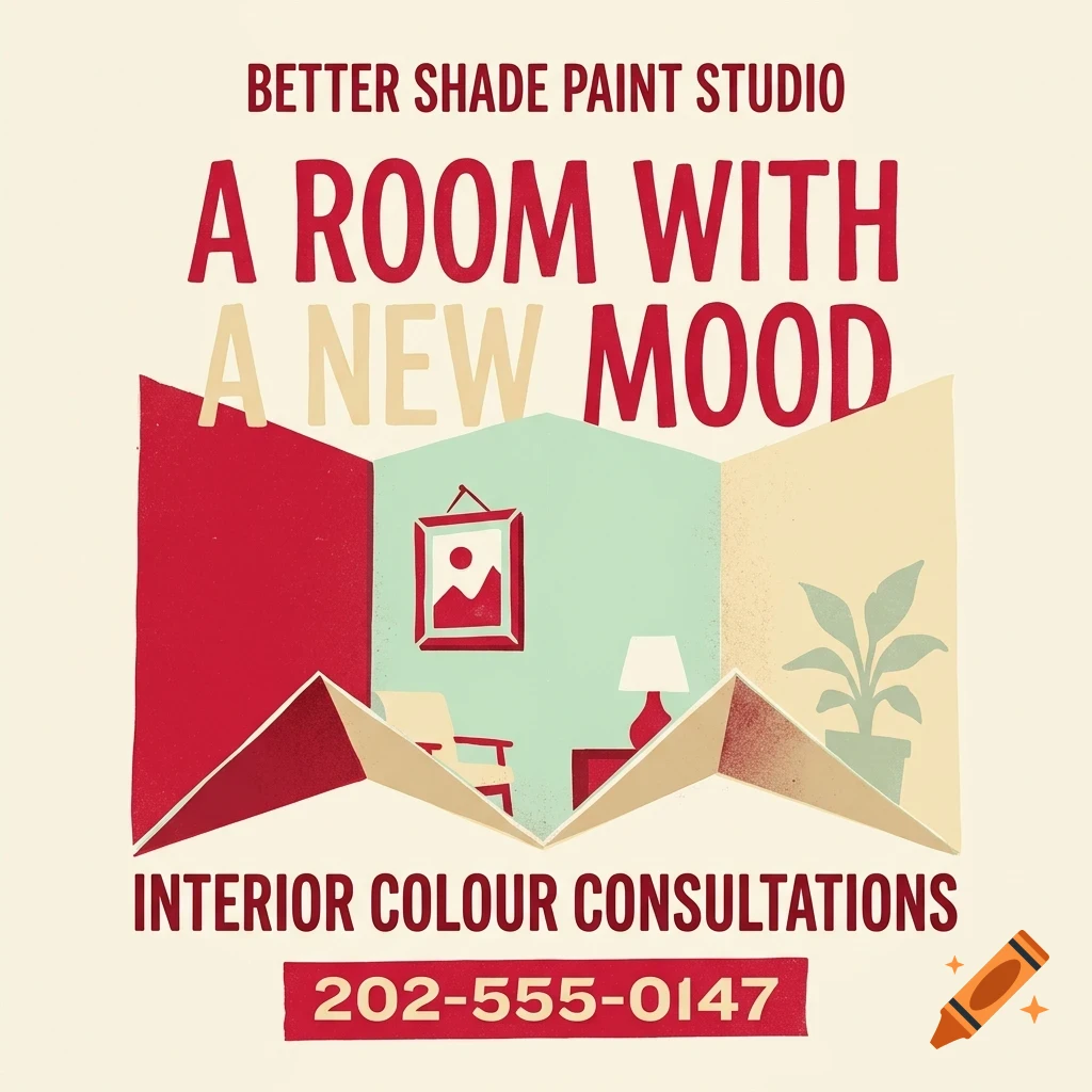 An advertisement for Better Shade Paint Studio featuring an illustrated room interior design and text.