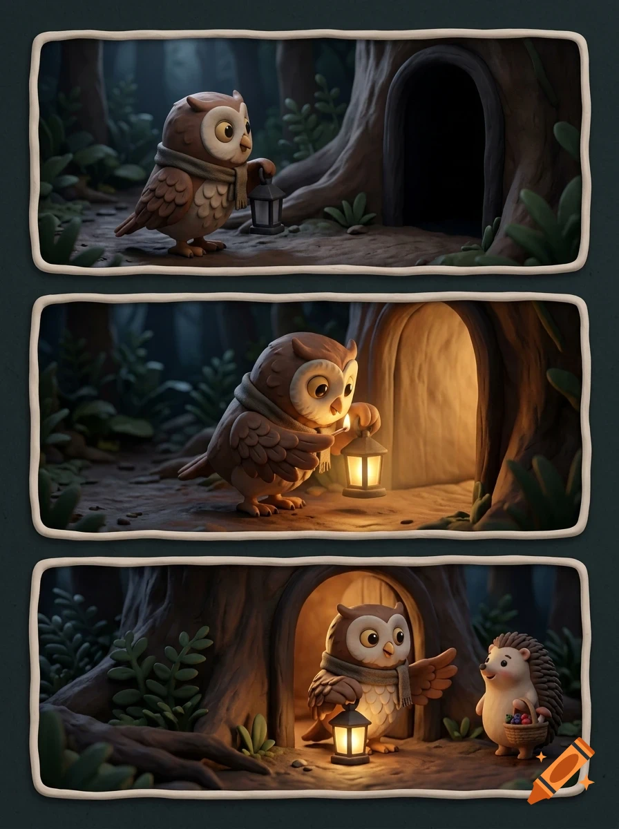 A three-panel claymation style illustration showing an owl holding a lantern outside a hollow tree, lighting the lantern, and then greeting a small hedgehog holding a basket of berries.