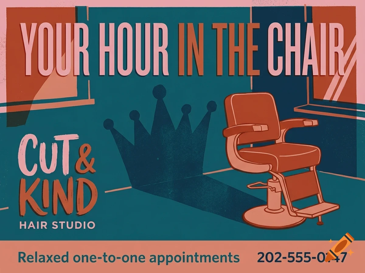 An illustrated poster for Cut & Kind Hair Studio featuring a salon chair casting a crown shadow.