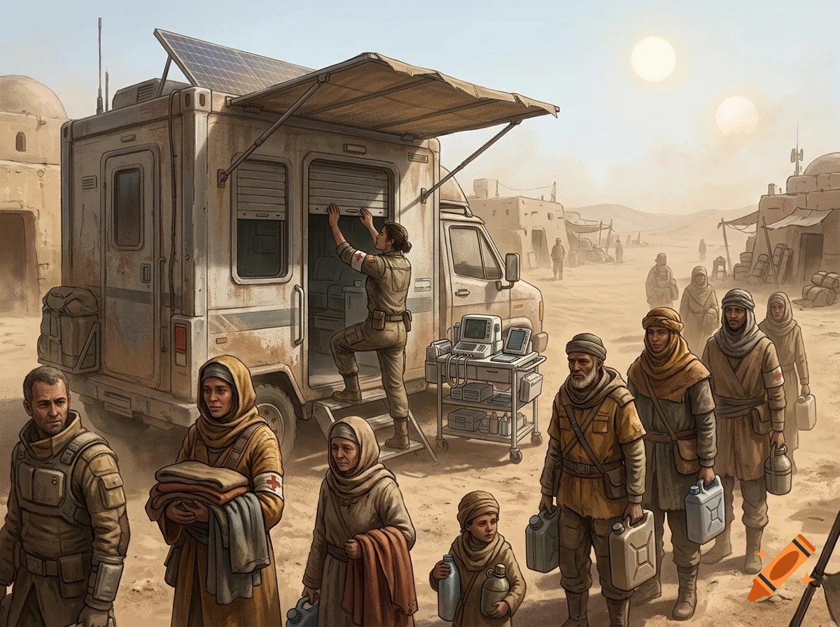 A medical relief vehicle with a solar panel operates in a desert settlement under two suns, with people waiting in line and receiving supplies.