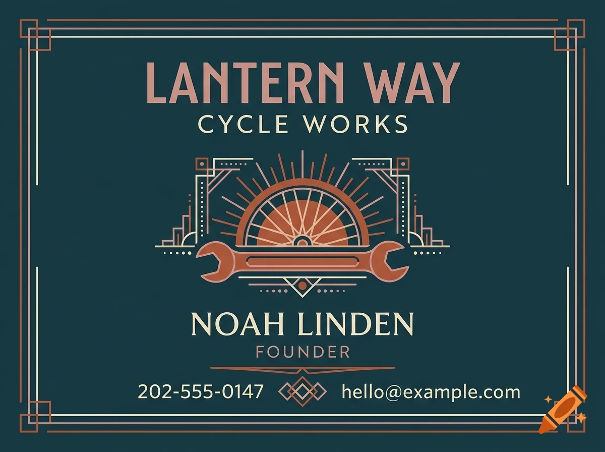 A business card with an Art Deco style design featuring a wrench, bicycle wheel motif, and the text LANTERN WAY CYCLE WORKS and NOAH LINDEN FOUNDER.