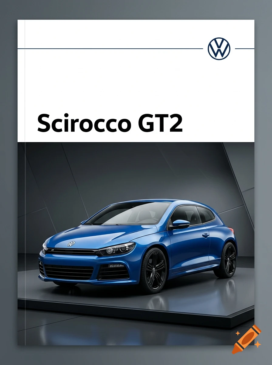 A promotional flyer for a blue Volkswagen Scirocco GT2 car.