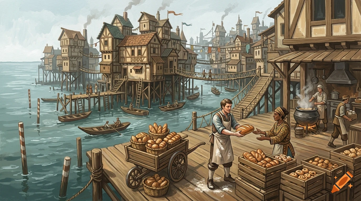 An illustration of a bustling harbor town built on stilts over water, with people trading and moving freshly baked bread on a wooden dock.