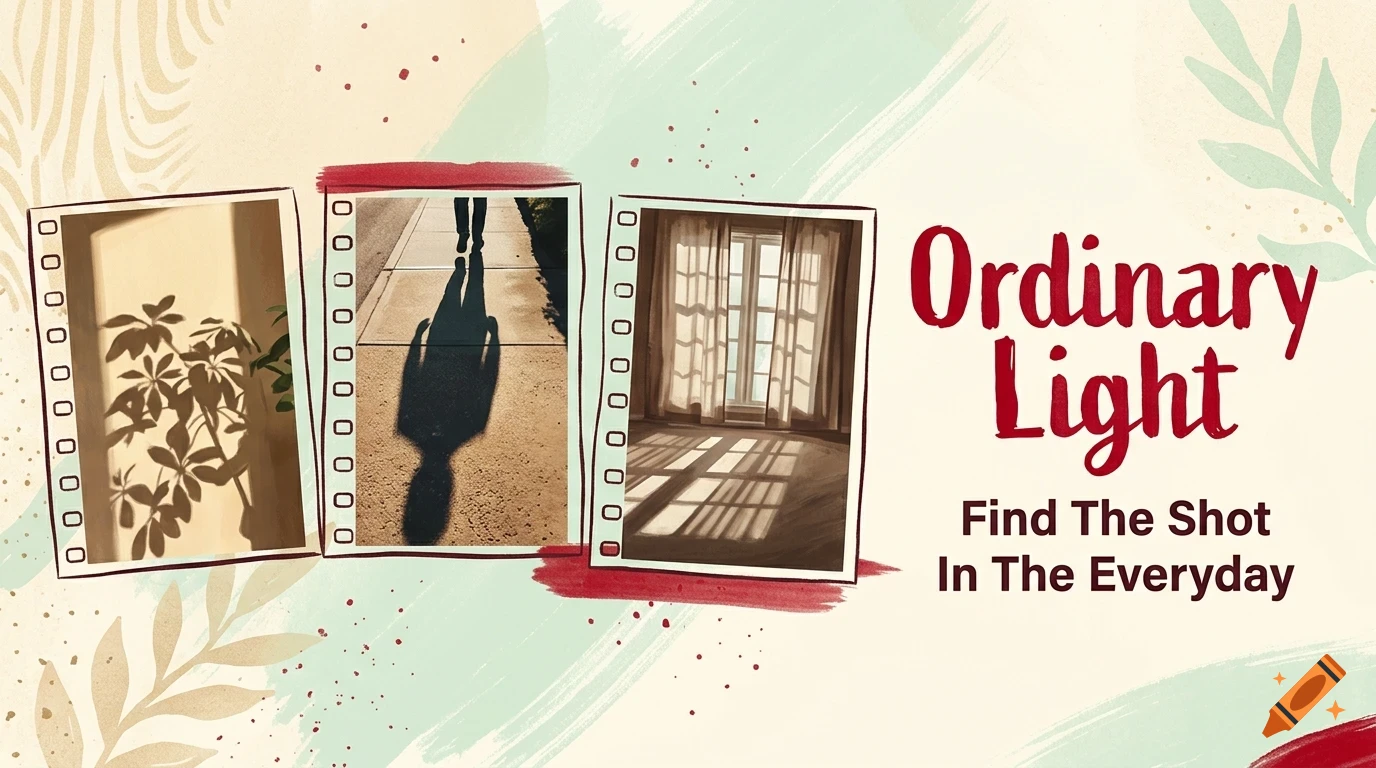An illustration with three photo frames showing everyday scenes, accompanied by the text Ordinary Light Find The Shot In The Everyday.