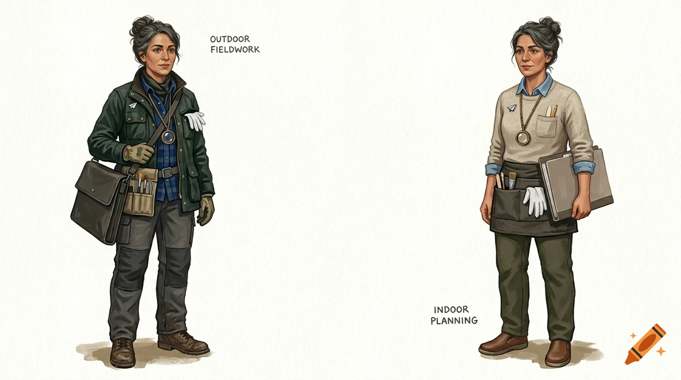 Illustration of a woman in two different outfits labeled outdoor fieldwork and indoor planning.