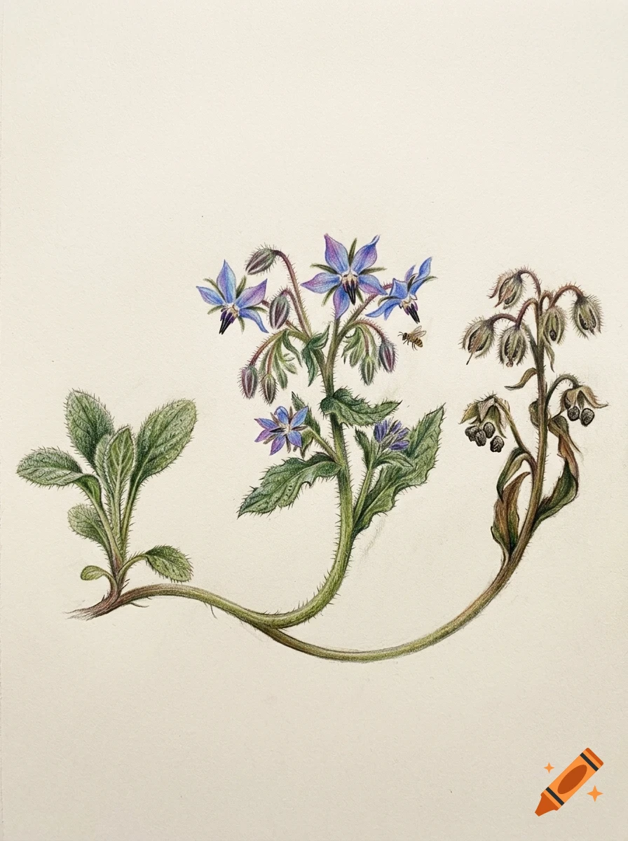 Botanical illustration of a borage plant with blue star-shaped flowers, green leaves, and buds on a pale background.