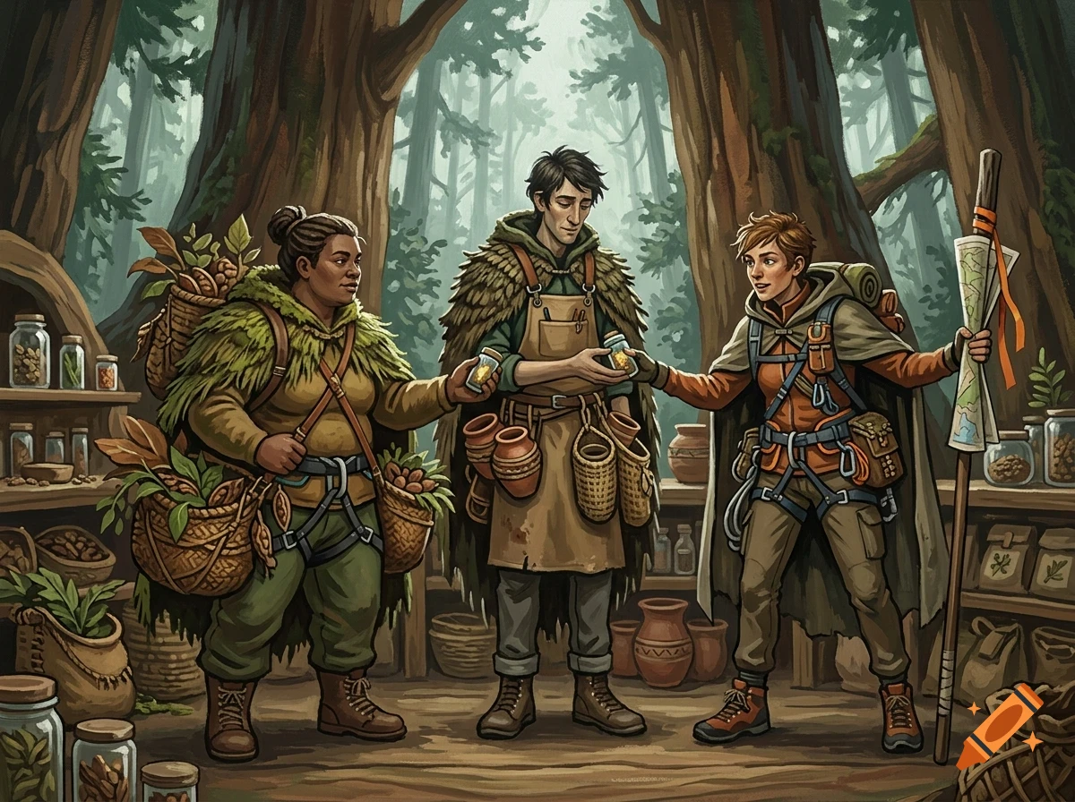 Three fantasy adventurers inside a forest-dwelling shop, handling small jars and a map.