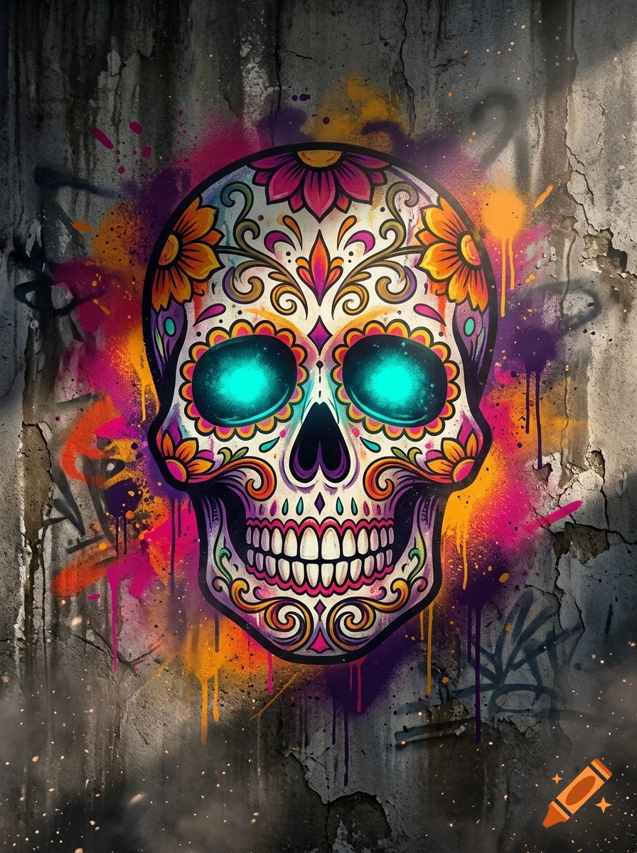 Vibrant Day of the Dead sugar skull with glowing cyan eyes, surrounded by colorful graffiti splashes on a weathered concrete wall.
