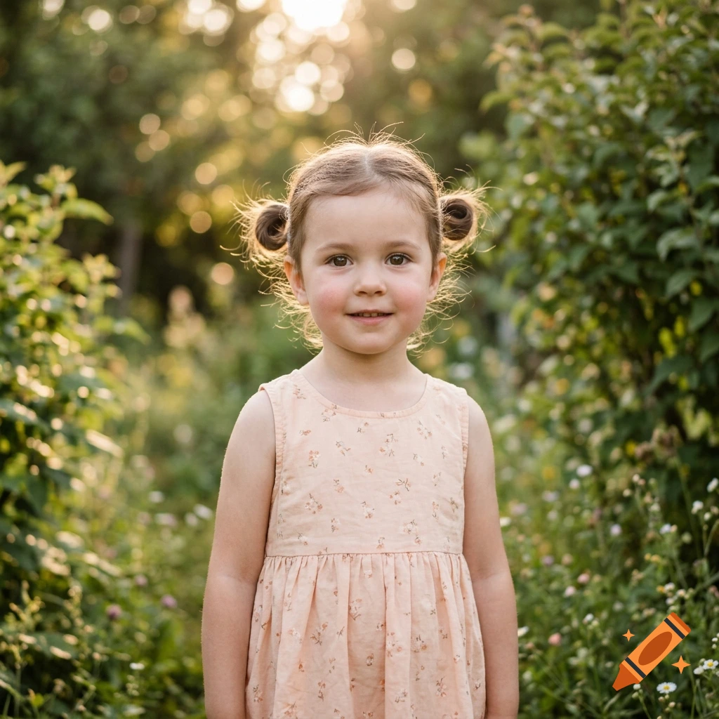Photorealistic portrait of a young girl with hair buns in a floral peach dress standing outdoors in a garden.