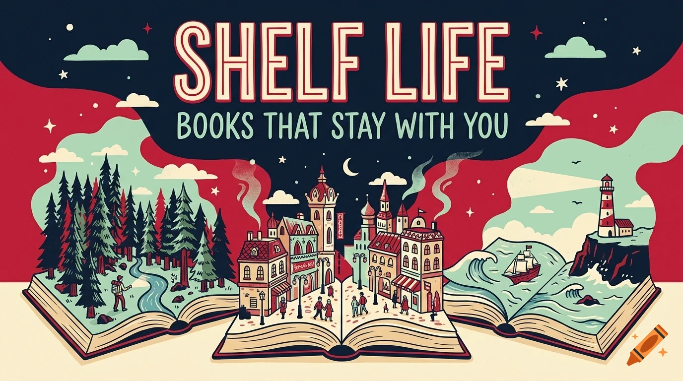 An illustrated book cover featuring the title Shelf Life and three open books depicting a forest, a city street, and an ocean scene.