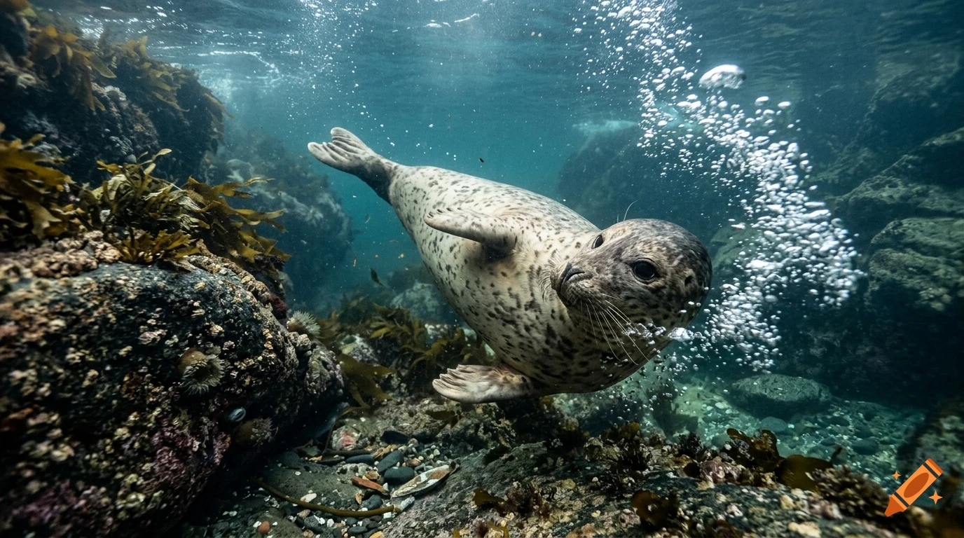 A spotted seal swimming underwater among rocky reefs with rising air bubbles.