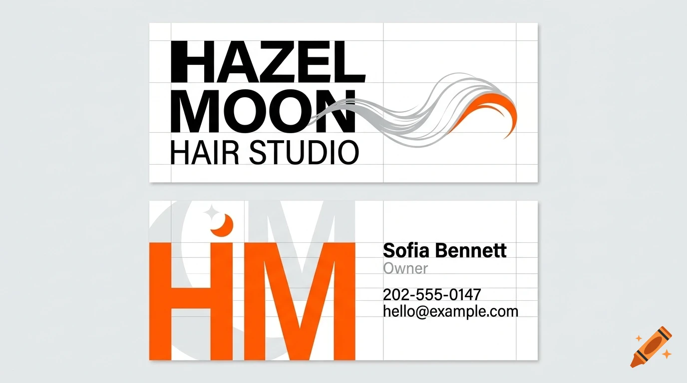 A business card design for Hazel Moon Hair Studio with black and orange typography and abstract hair graphics.