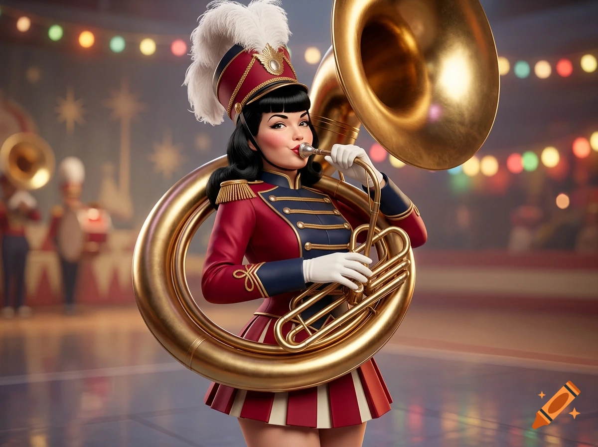 3D render of a Bettie Page-style majorette in a red and blue uniform puffing cheeks while holding a large brass sousaphone.