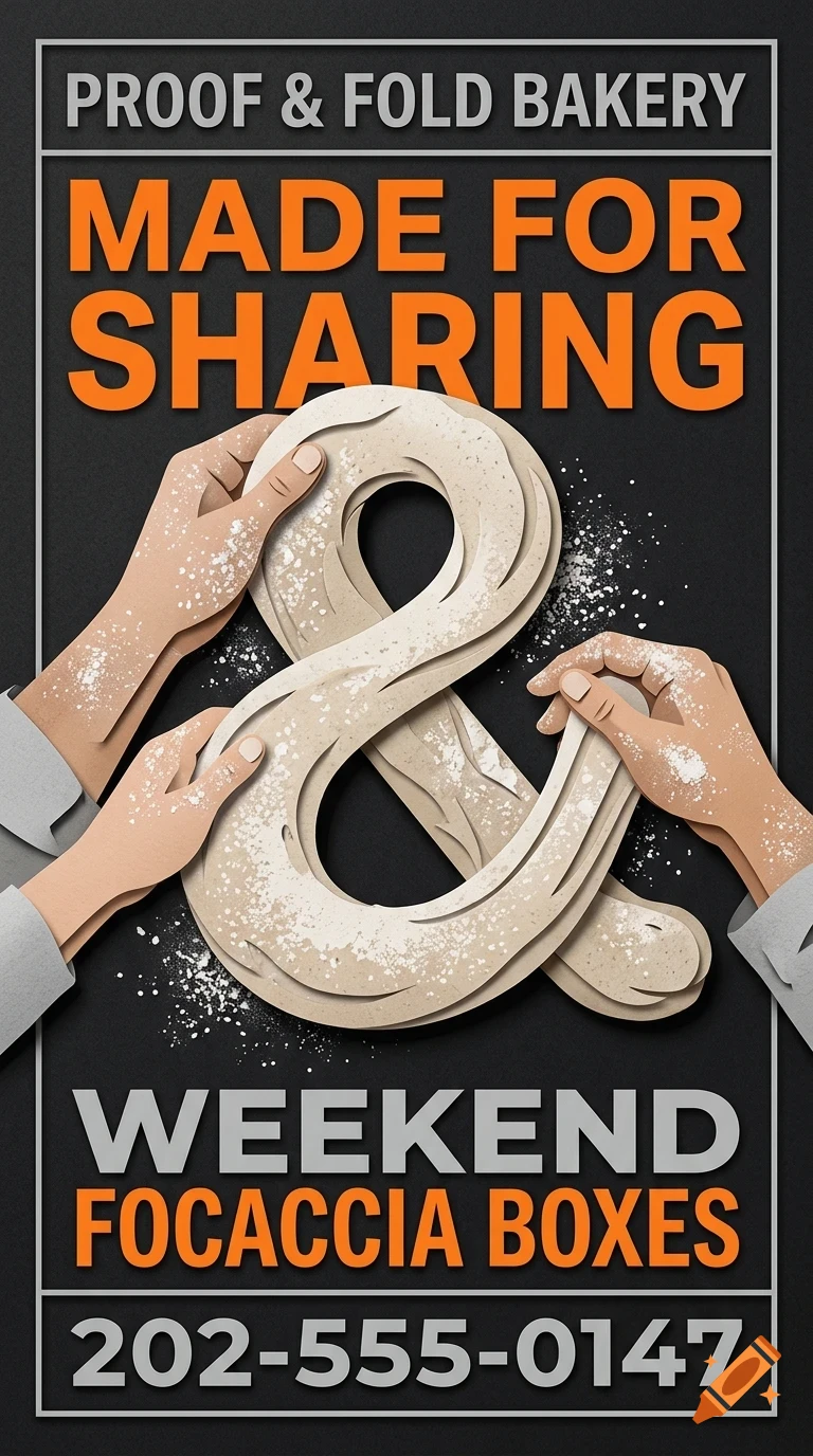 An illustration of hands shaping dough into an ampersand symbol, with the text Proof & Fold Bakery, Made for sharing, Weekend focaccia boxes, and a phone number.