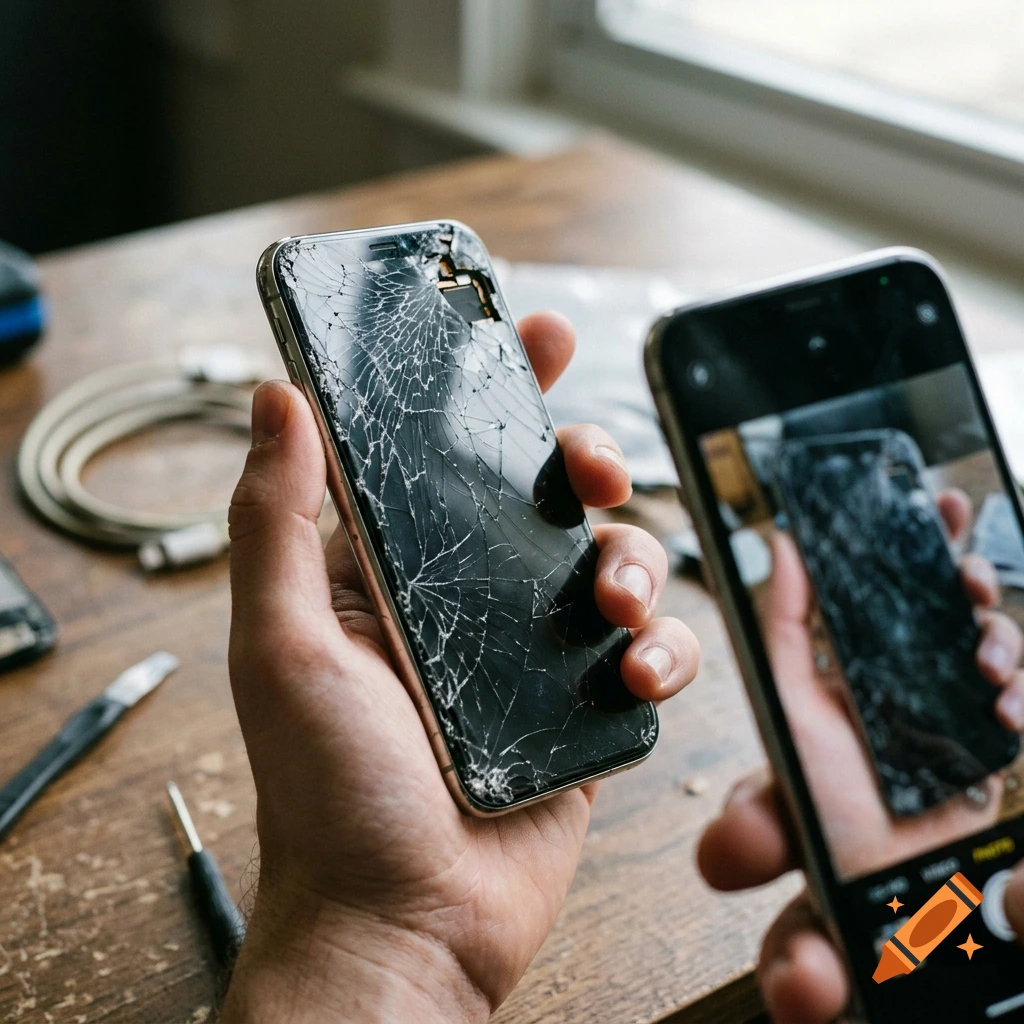 Close-up of a person holding a smartphone with a severely cracked screen, while another person's hand captures a photo of it with a second phone.