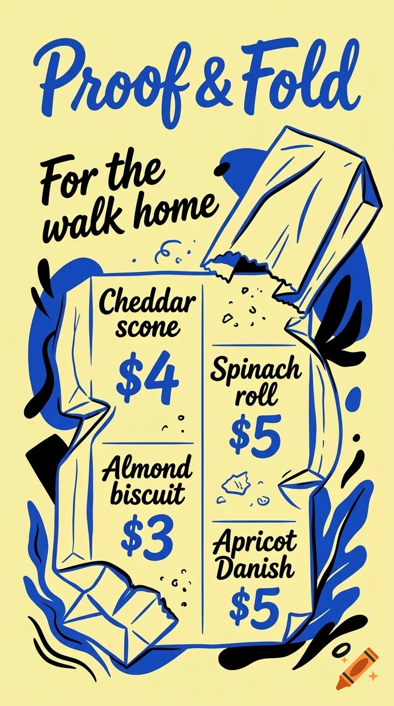 An illustrated menu poster featuring bakery items with prices, including cheddar scone, spinach roll, almond biscuit, and apricot danish.