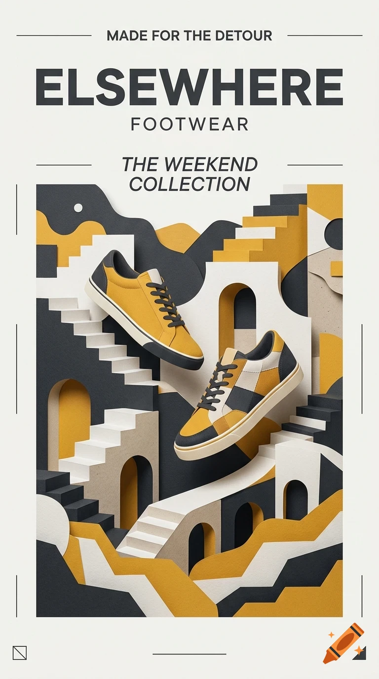 An advertisement featuring two yellow and grey sneakers placed against an abstract paper-craft background with stairs and arches, along with text saying ELSEWHERE FOOTWEAR.