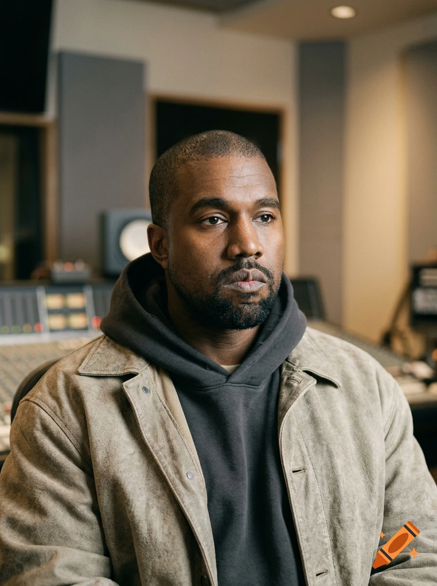 Photorealistic medium shot portrait of Kanye West in a recording studio, wearing a grey hoodie and a tan jacket.