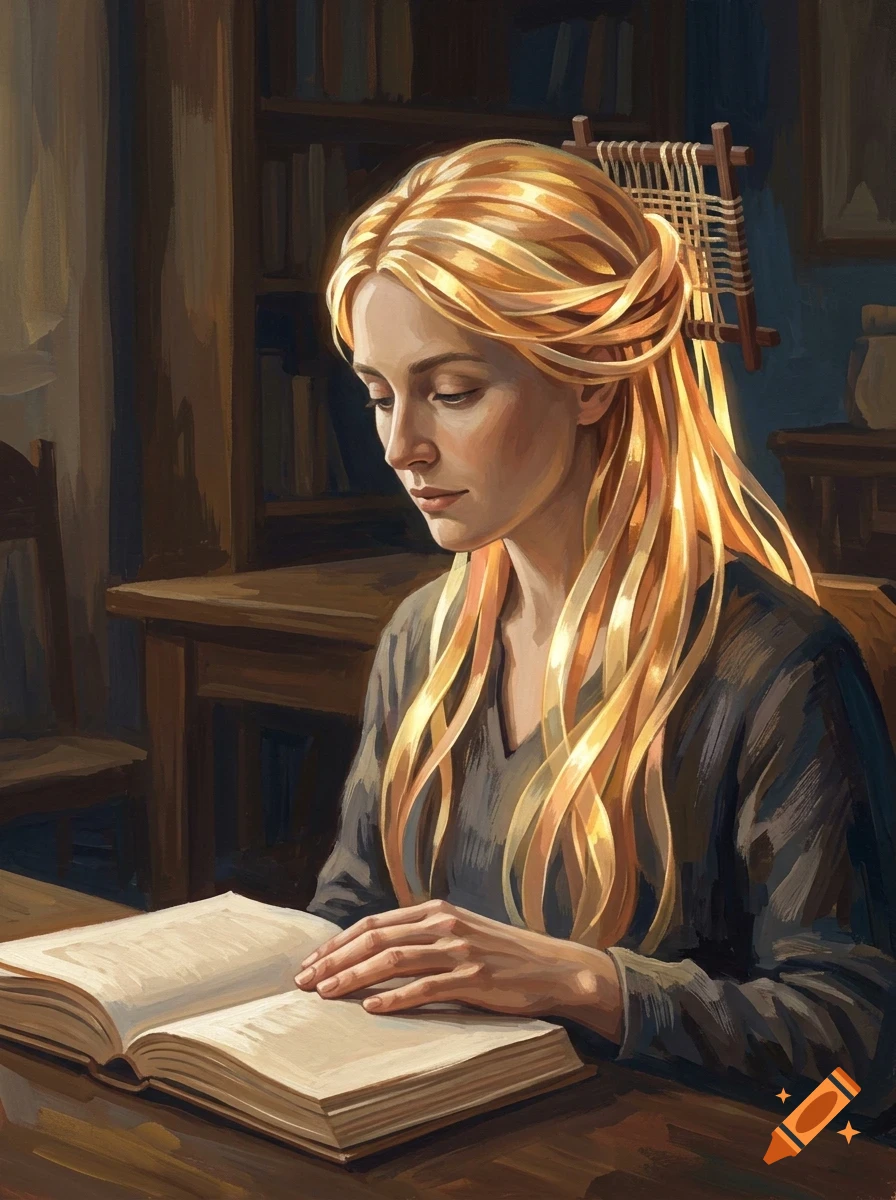 An illustration of a young blonde woman sitting indoors reading a book at a wooden desk.