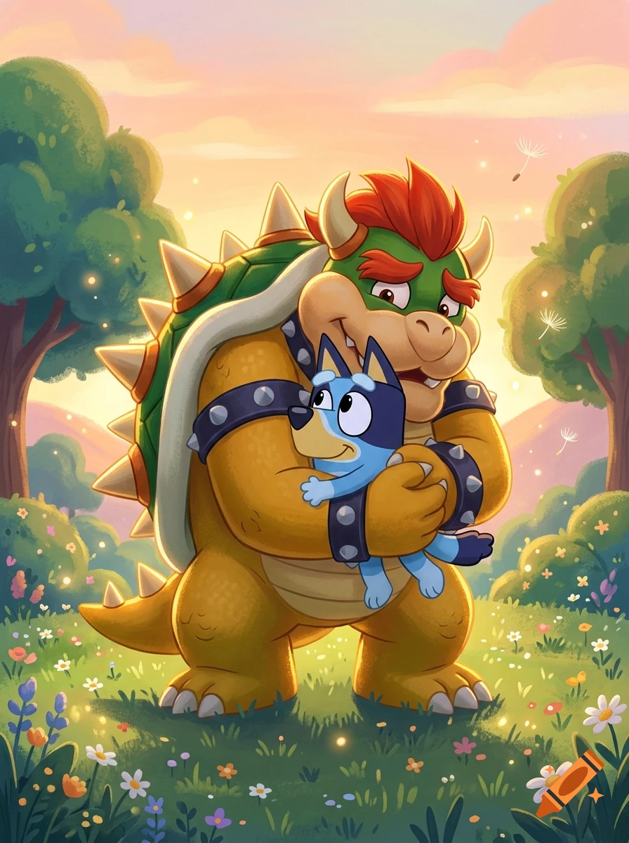 Bowser from Super Mario hugging Bluey in a sunny grassy field with trees, digital illustration style.