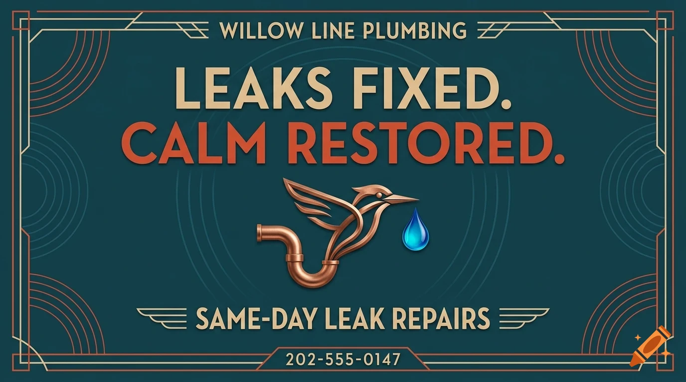 An art deco style business sign for Willow Line Plumbing featuring a copper bird with a pipe body carrying a water drop, with the text LEAKS FIXED. CALM RESTORED.