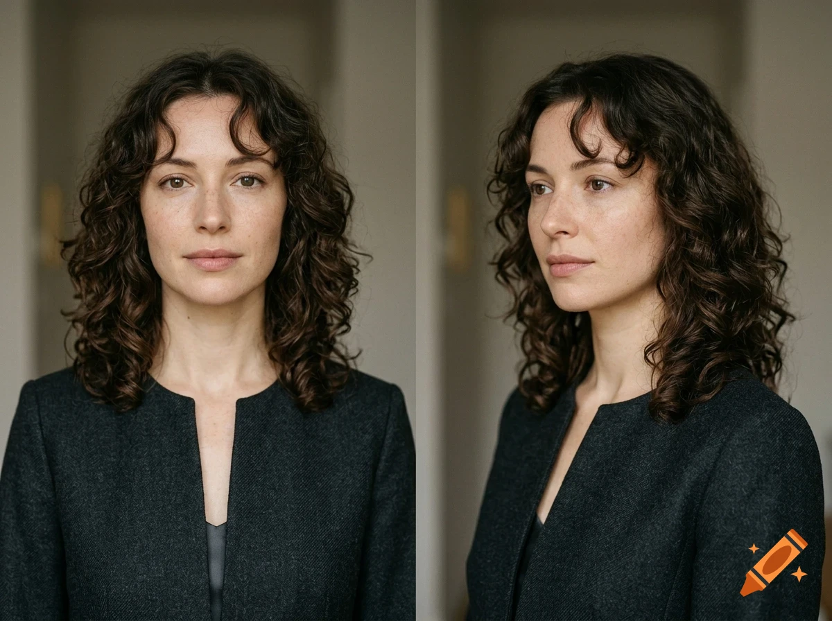 Front and profile portraits of a woman with curly brown hair wearing a dark jacket.