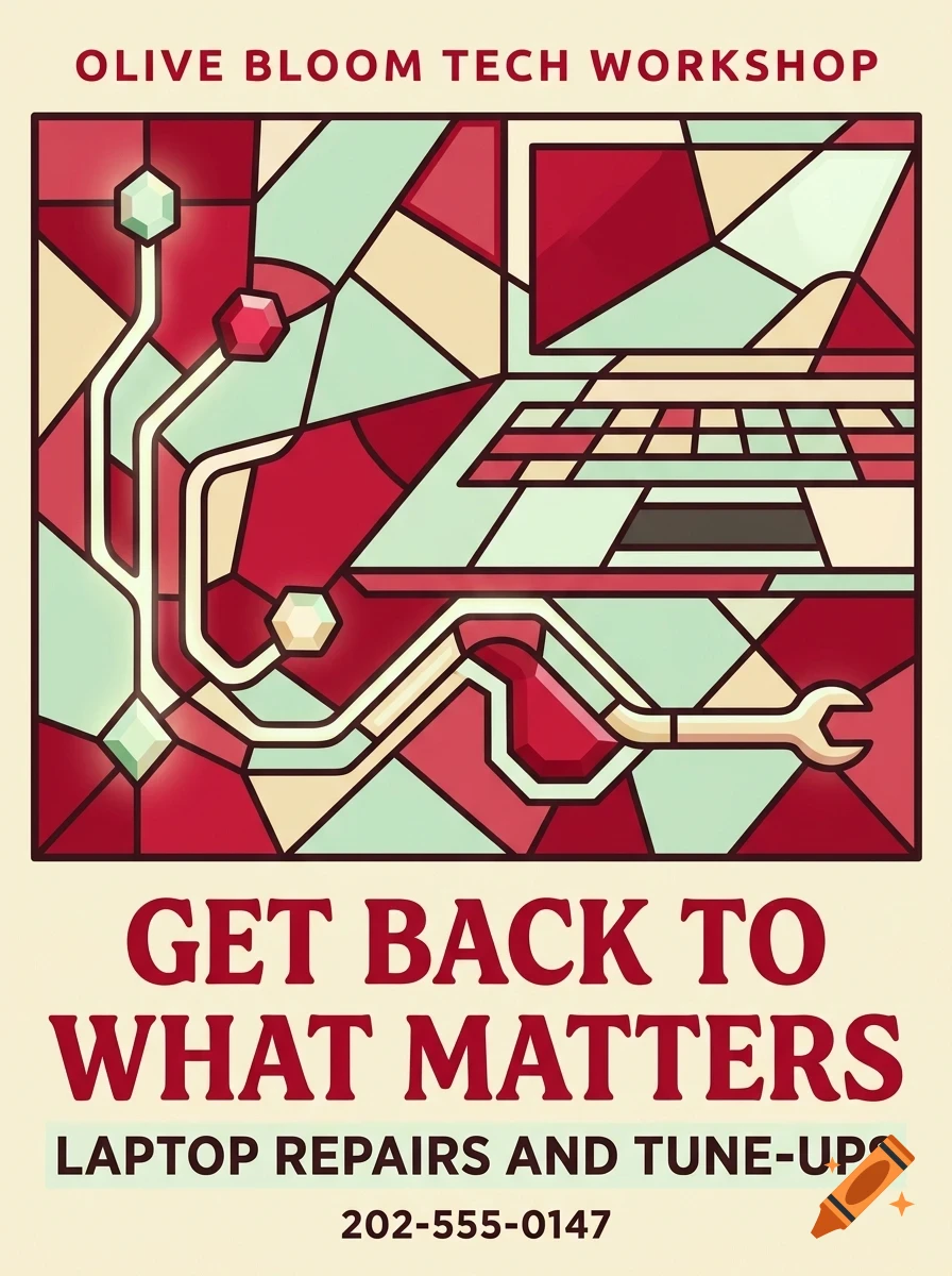 A poster with stained glass style art showing a laptop, circuit traces, and a wrench, with text advertising a tech workshop.