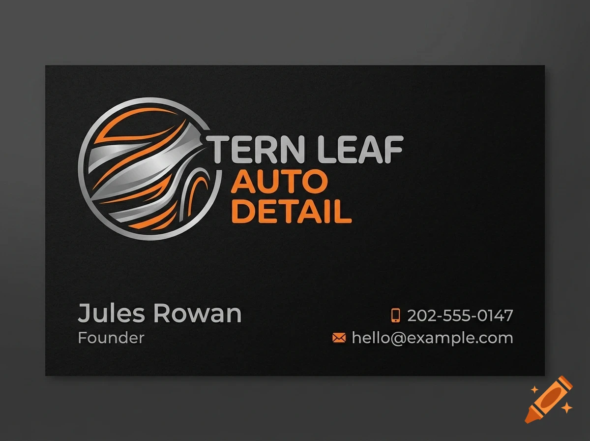 A business card with a black background, featuring an abstract silver and orange circular logo next to the text Tern Leaf Auto Detail, Jules Rowan Founder, and placeholder contact information.