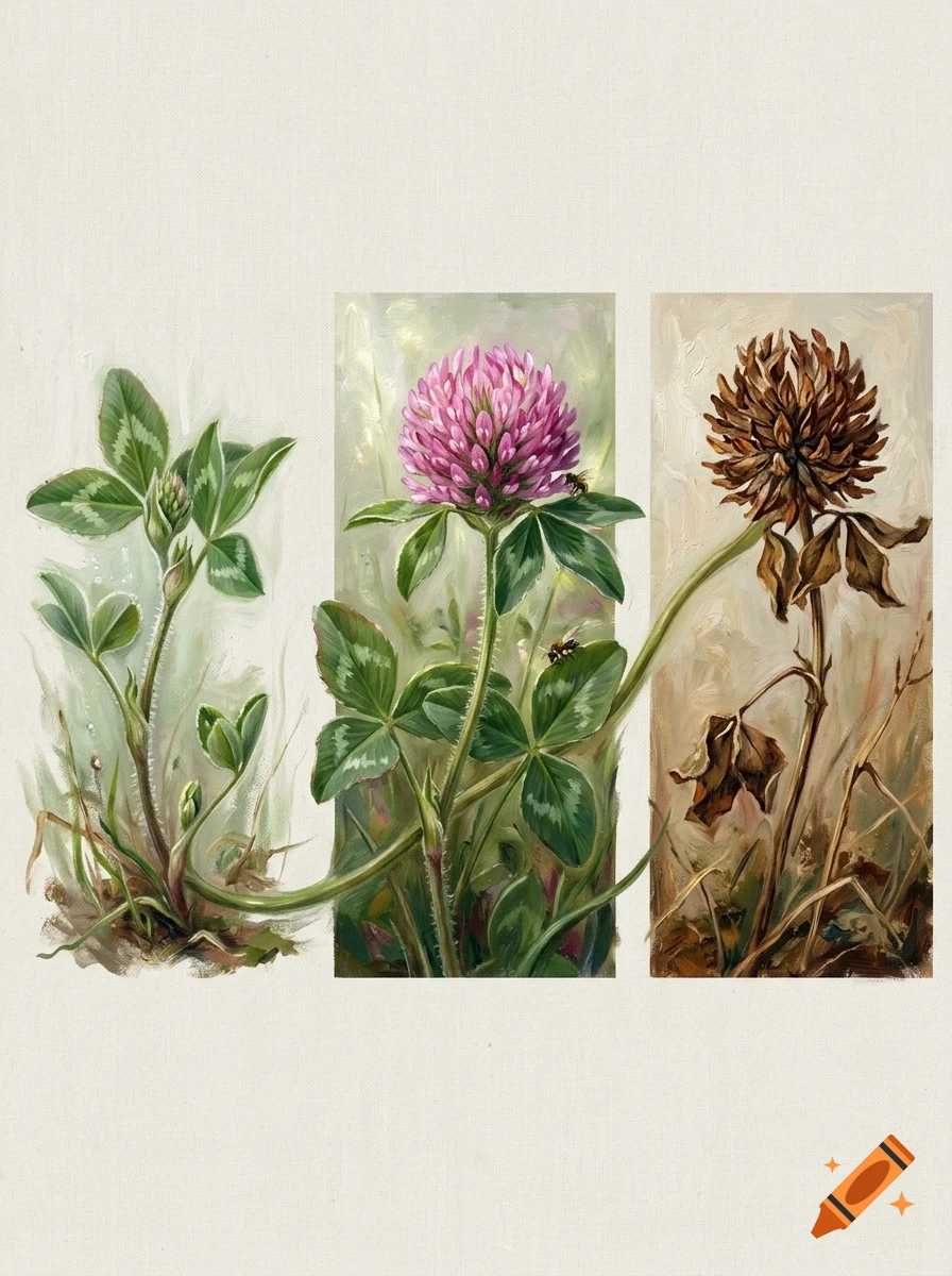 An oil painting showing three stages of a clover plant's life cycle, from a green shoot to a blooming pink flower and finally a withered brown stage.