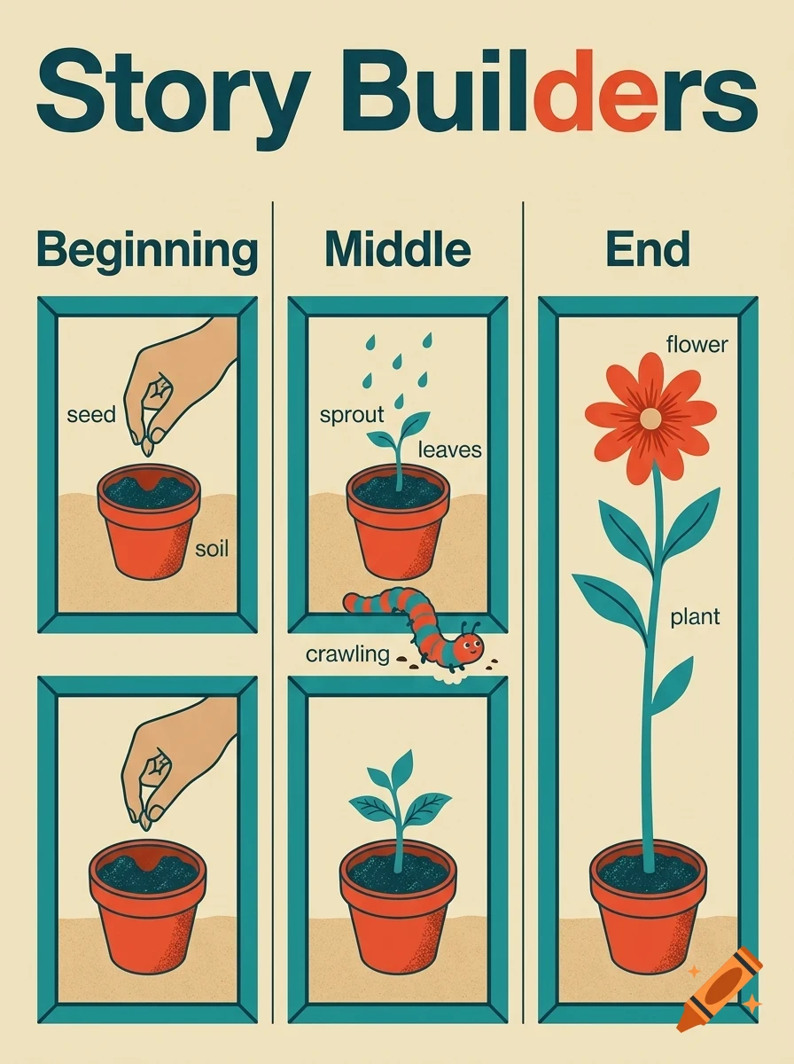 An educational diagram titled 'Story Builders' showing the lifecycle of a plant from a seed in soil to a flowering plant, with panels labeled Beginning, Middle, and End.