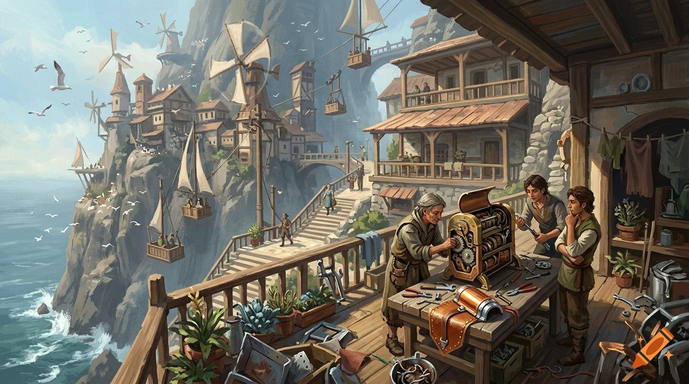 Digital illustration of people working on mechanical devices on a wooden balcony overlooking a coastal cliffside village with windmills and hanging cars.