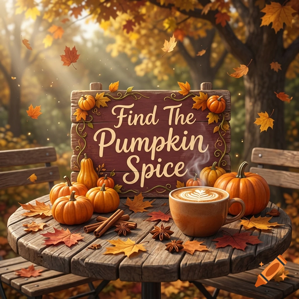 Photorealistic autumn scene with a wooden sign reading 'Find The Pumpkin Spice' surrounded by pumpkins, coffee, and fall leaves.