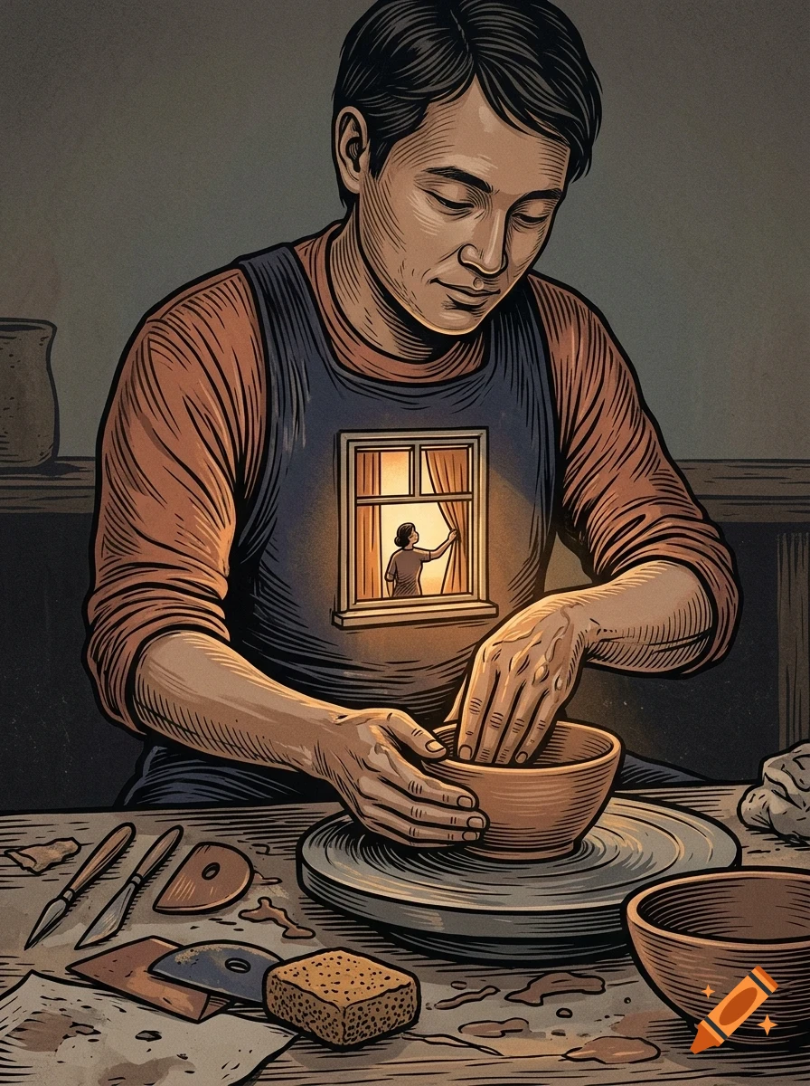 An illustration of a person shaping pottery on a wheel, with a glowing window on their apron showing a figure looking out.