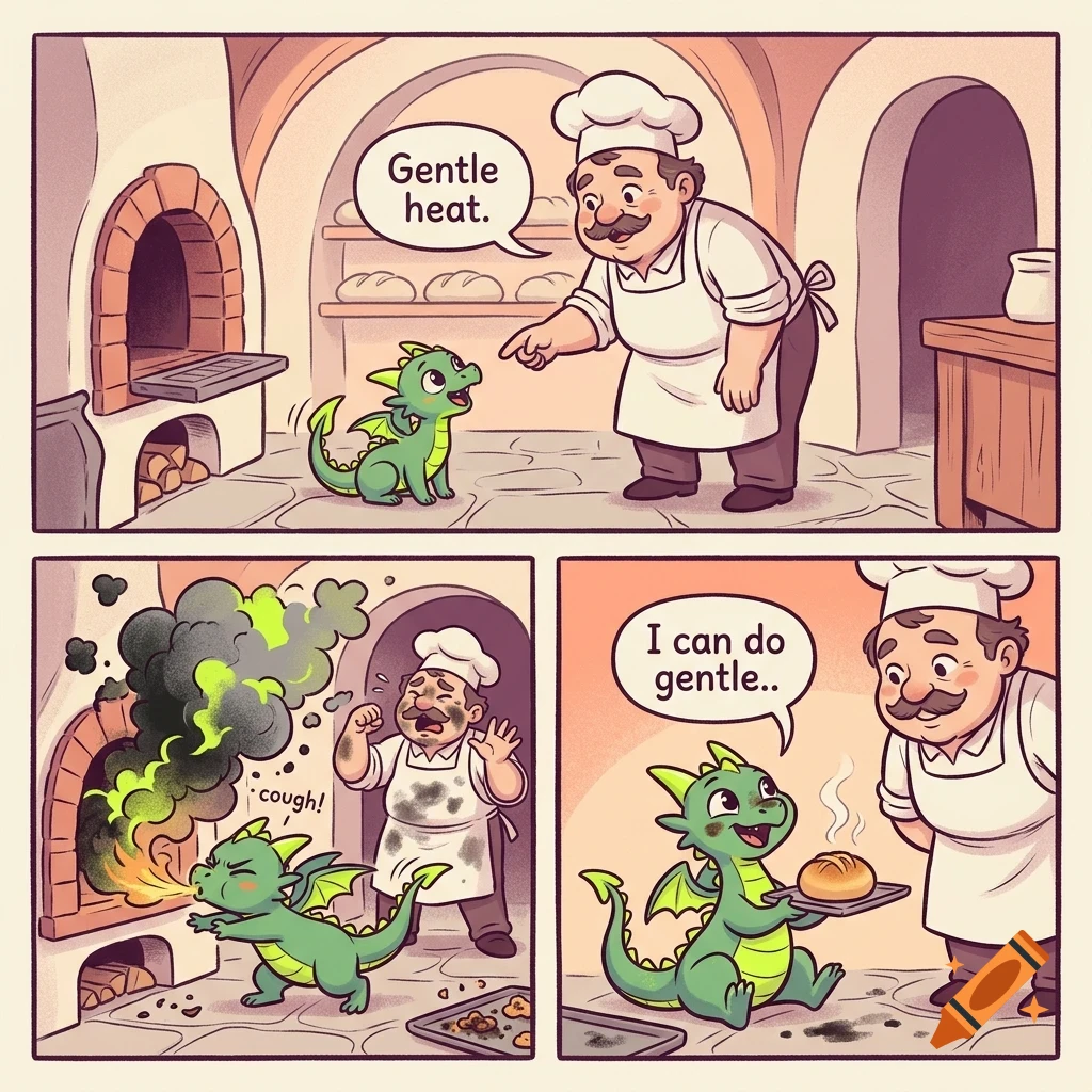 A comic strip showing a baker instructing a small green dragon to use gentle heat to bake bread, but the dragon accidentally causes smoke and fire before successfully presenting a baked loaf.