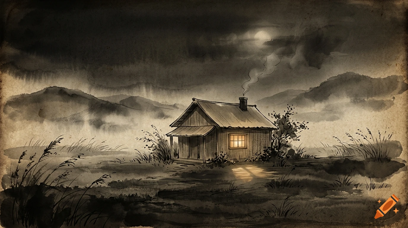 Vintage ink wash painting of a cozy house with a glowing window in a moody, sepia-toned landscape.