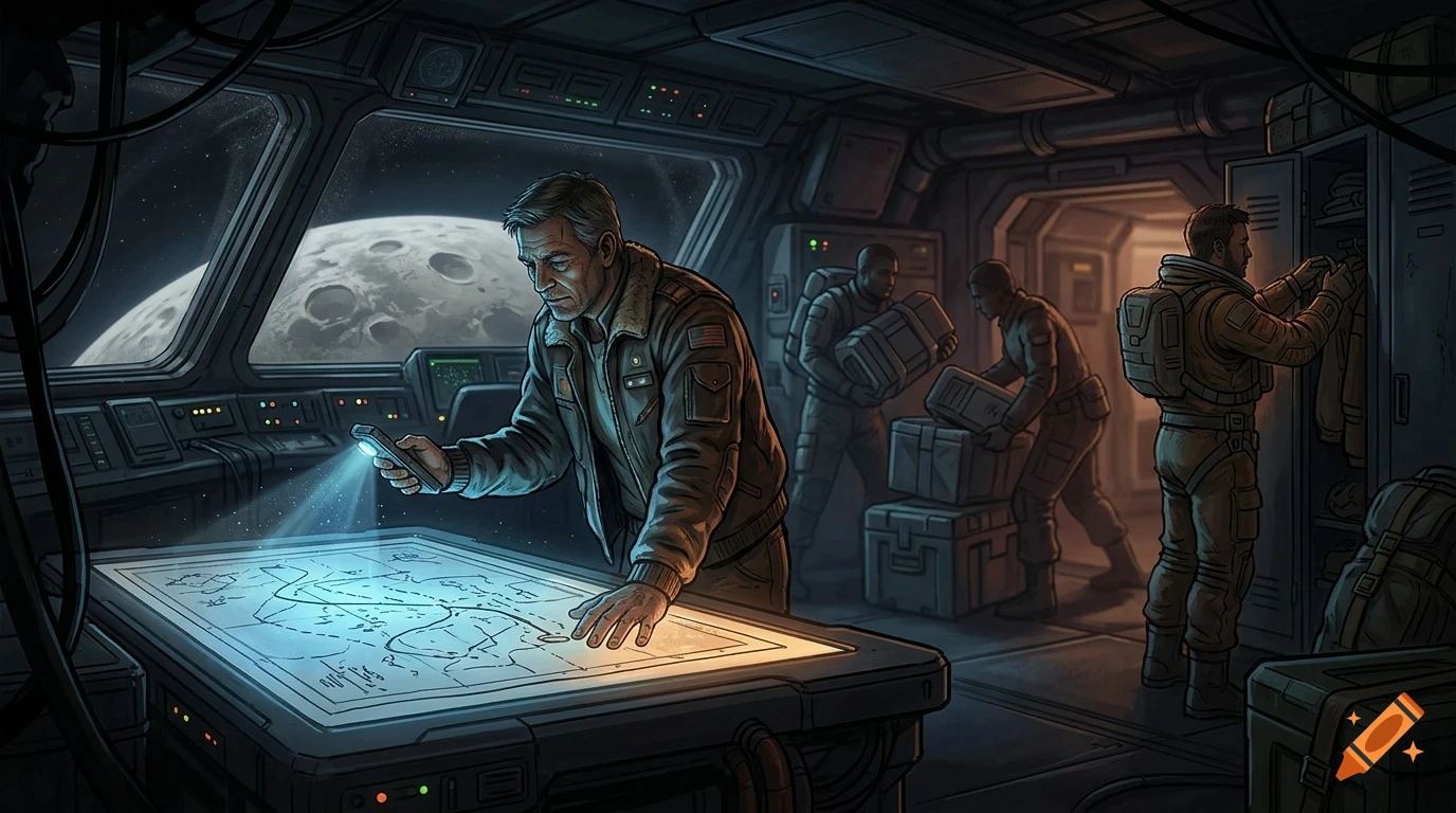 An illustrated view inside a spacecraft with astronauts working, one examining a map table with a glowing display while a planet is visible through the window.