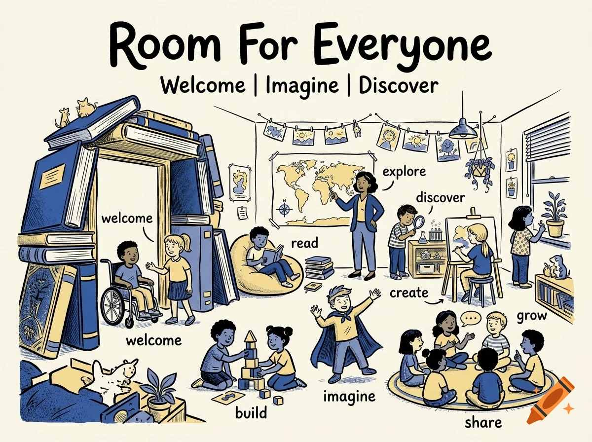 An illustrated classroom scene with children learning, reading, building blocks, and playing, framed by a doorway made of stacked books and the heading Room For Everyone.