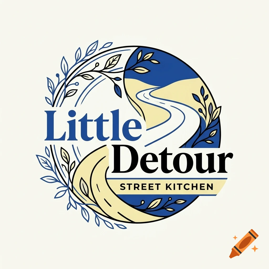 A circular logo design with the text Little Detour Street Kitchen and a road illustration surrounded by foliage.