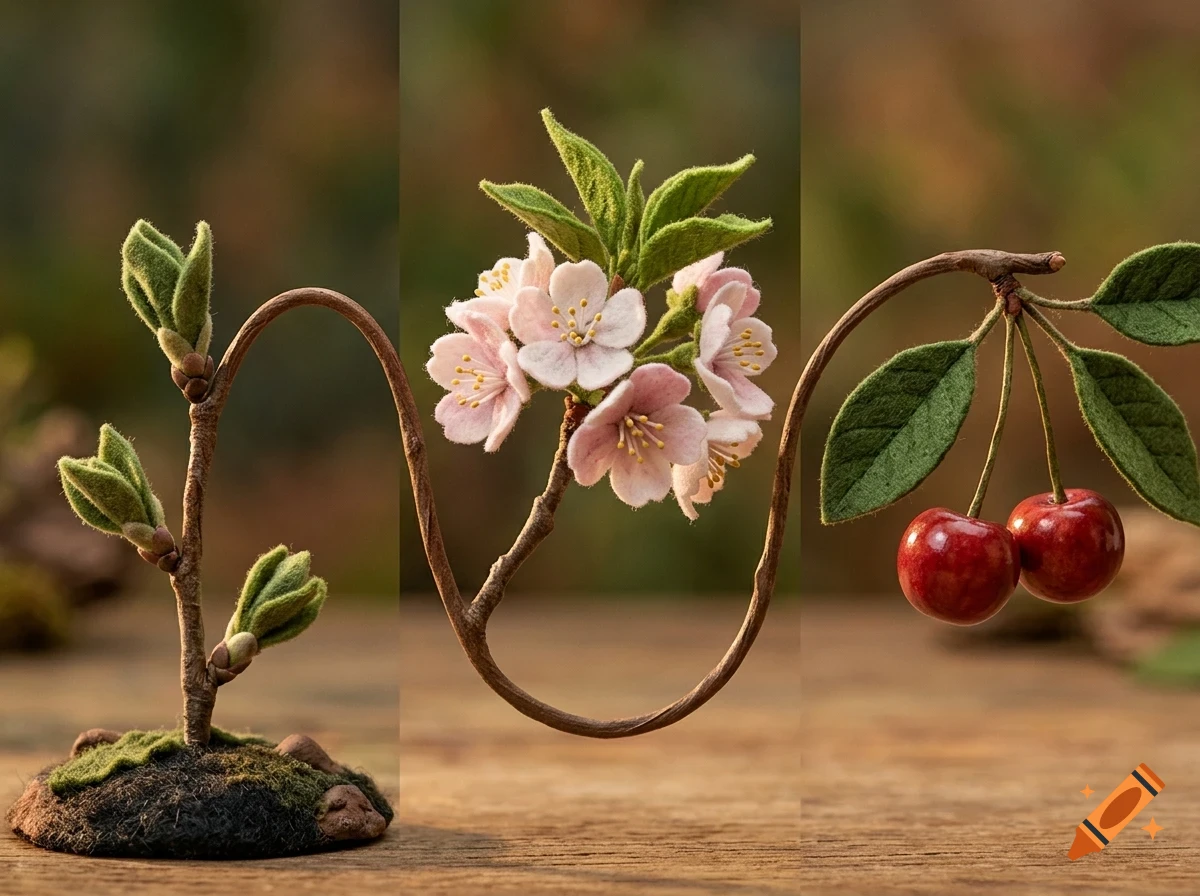 A miniature sculpted cherry tree branch showing three stages of growth from a small bud to blossoms and ripe cherries.