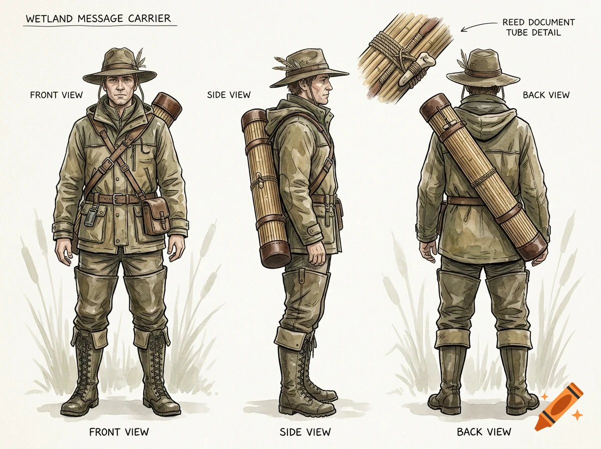 Character design sheet showing front, side, and back views of a man in wetland explorer gear, with a reed document tube and a detailed inset.