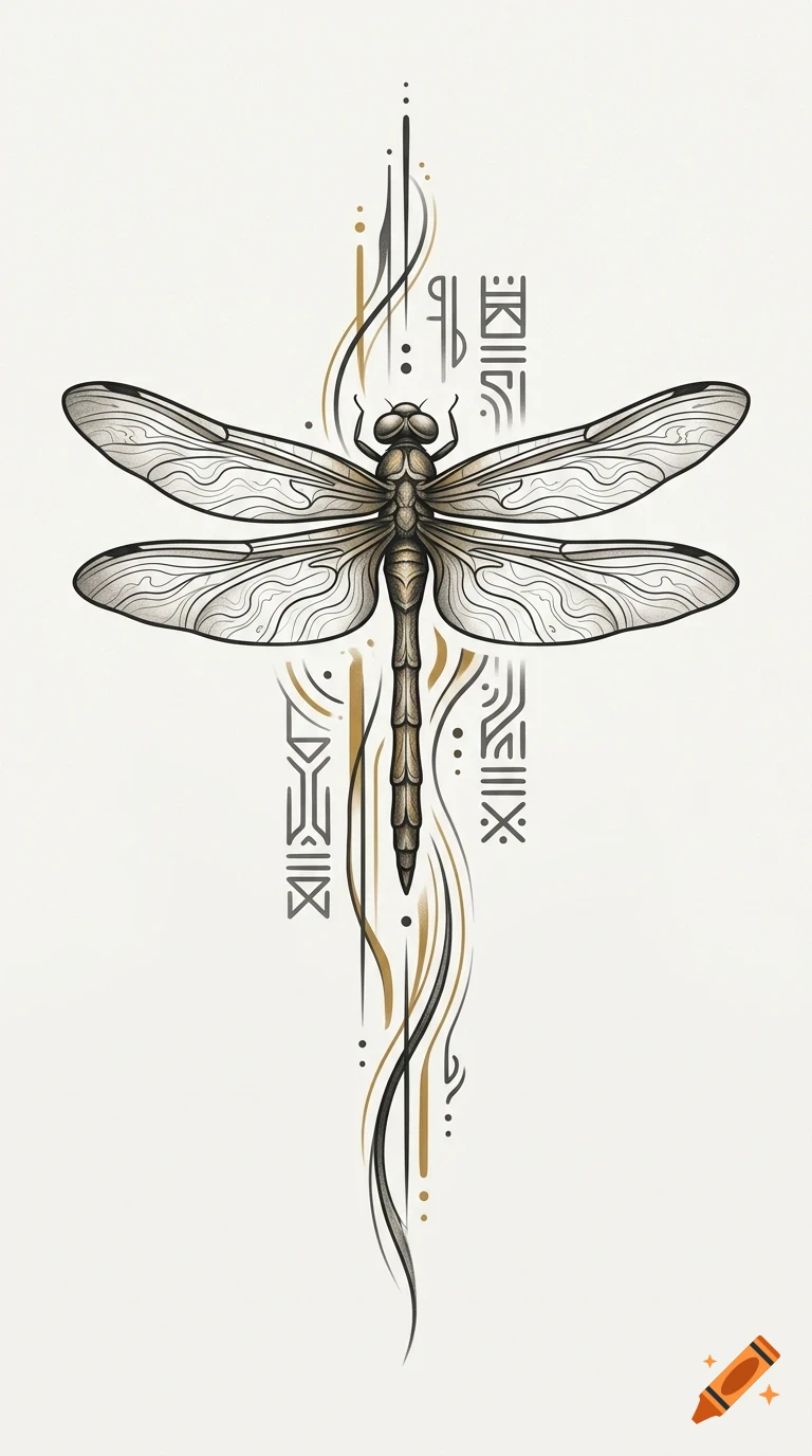 Illustration of a dragonfly with geometric lines and abstract patterns.