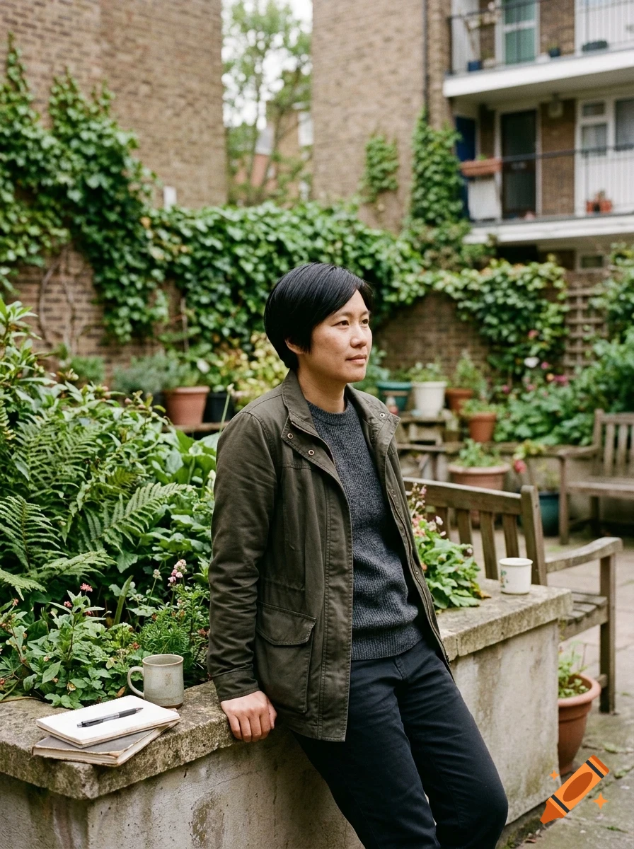 A person with short black hair wearing a green jacket standing in an outdoor courtyard with plants and flowerpots.