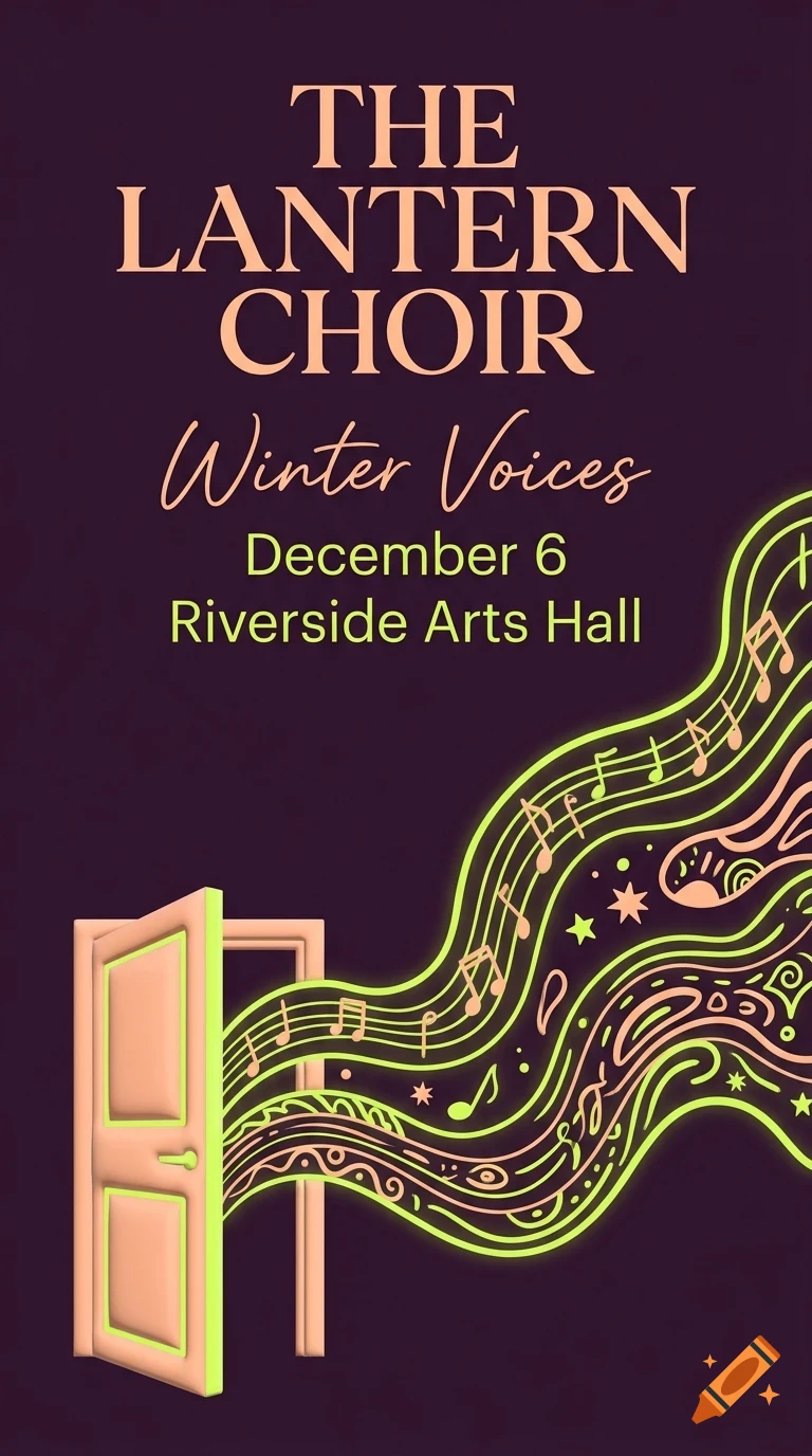 An event poster with the text The Lantern Choir Winter Voices December 6 Riverside Arts Hall, featuring an open pink door and glowing musical waves with notes.