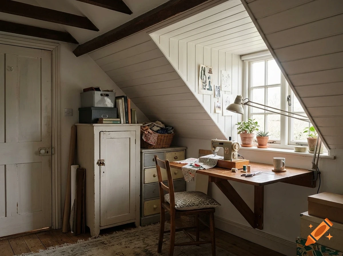 An attic craft room with a sewing machine on a wooden wall-mounted desk, a chair, storage cabinets, and a window with plants.