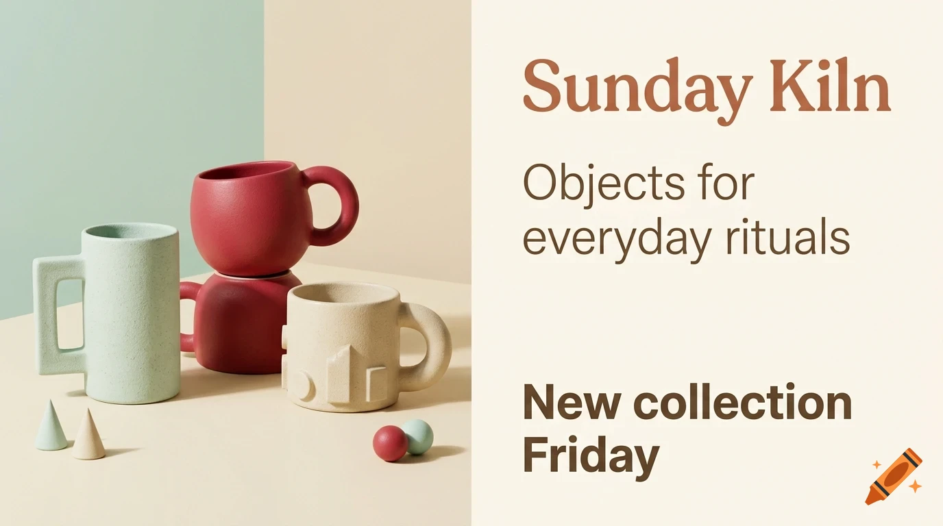 Product photo of several ceramic mugs and small decorative objects arranged on a table with a split-color background and promotional text on the right.