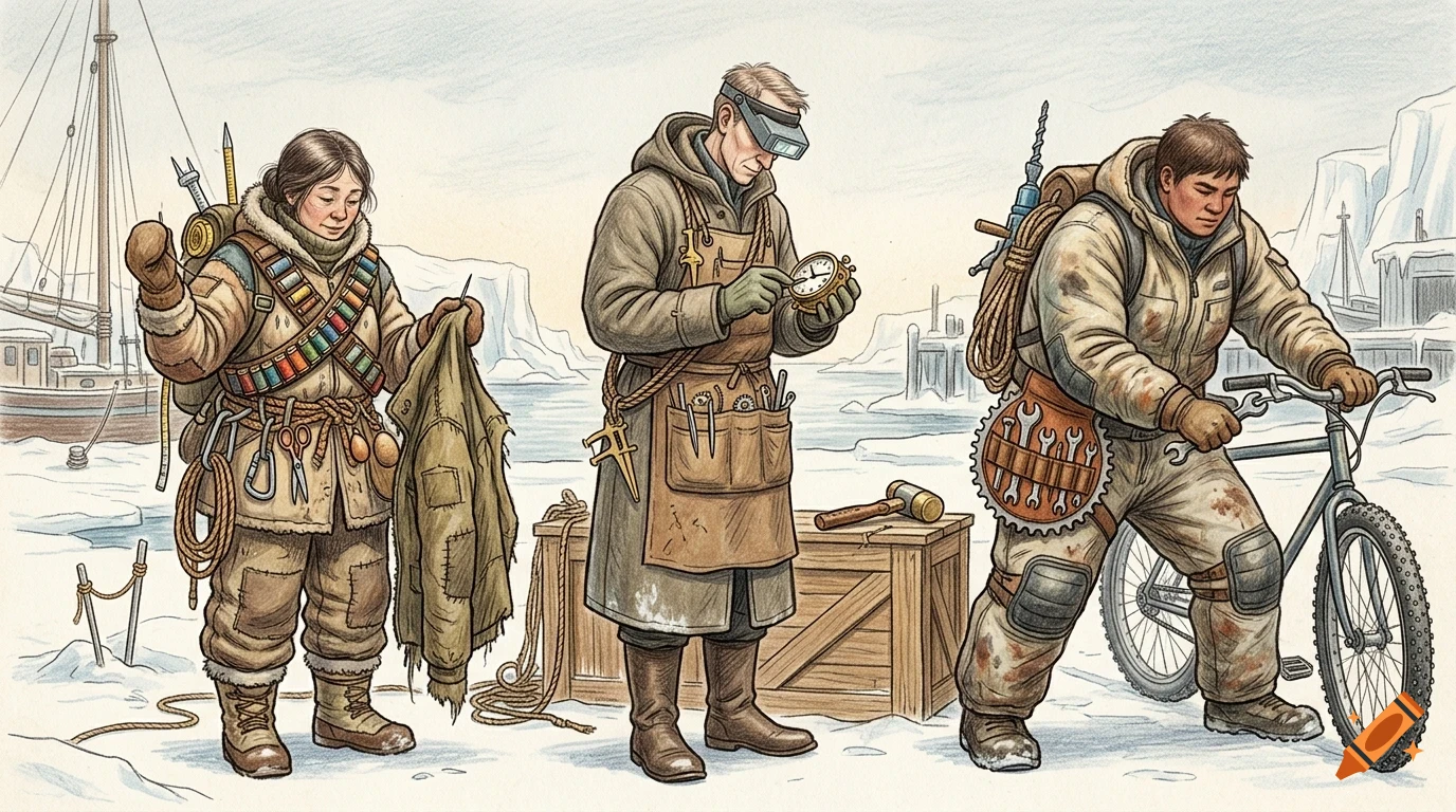 An illustrated scene of three people in heavy winter clothing engaged in maintenance work in a snowy coastal setting.