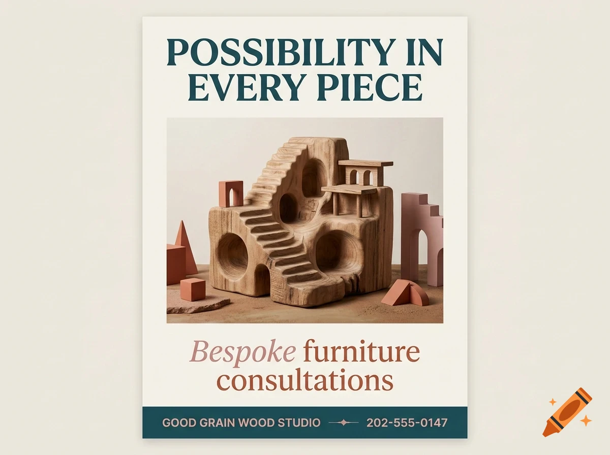 An advertisement for Good Grain Wood Studio featuring a carved wooden structure with stairs and arches, surrounded by geometric shapes, with text reading POSSIBILITY IN EVERY PIECE, Bespoke furniture consultations, and contact information.